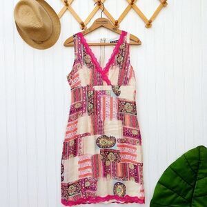 Vtg 90s Y2K Surplice Sheath Dress Size M V Neck Mesh Paisley Print Lace Pink